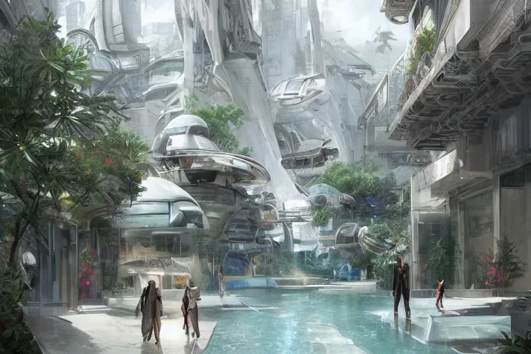 Image similar to futuristic cyberpunk city with lush garden at rgb Pamukkale, thermal waters flowing down white travertine terraces, intricate, elegant, luxurious, digital painting, concept art, smooth, sharp focus, from Star Trek 2021, illustration, by WLOP and Ruan Jia and Mandy Jurgens and William-Adolphe Bouguereau, Artgerm