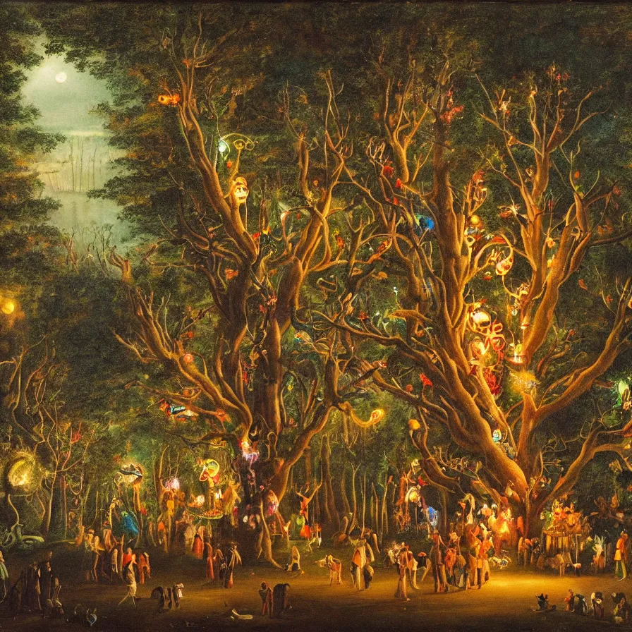 Image similar to a night carnival around a magical tree cavity, with a surreal orange moonlight and fireworks in the background, next to a lake with iridiscent water, christmas lights, folklore animals and people disguised as fantastic creatures in a magical forest by summer night, masterpiece painted by joseph von fuhrich, dark night environment