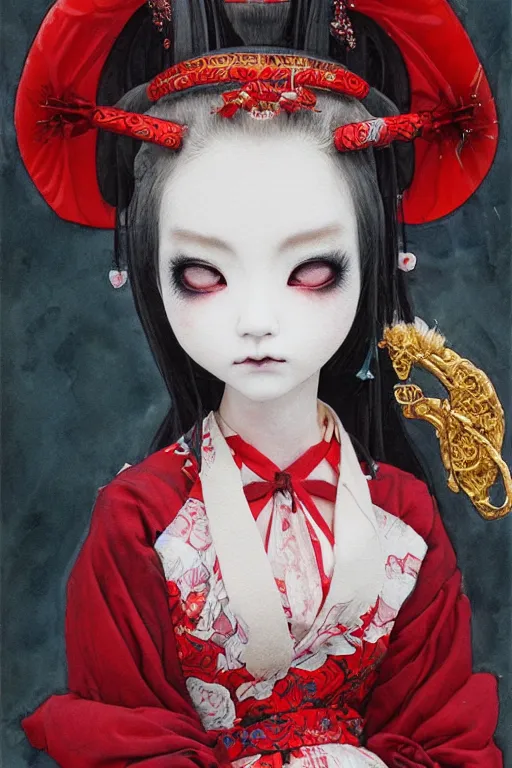 Prompt: watercolor painting of a japanese bjd geisha oni demon with a long neck in victorian lolita fashion red dress in the style of dark - fantasy painted by yoshitaka amano, wlop, ayami kojima, dmt art, symmetrical vogue face portrait, intricate detail, artstation, cgsociety, artgerm, rococo, gold