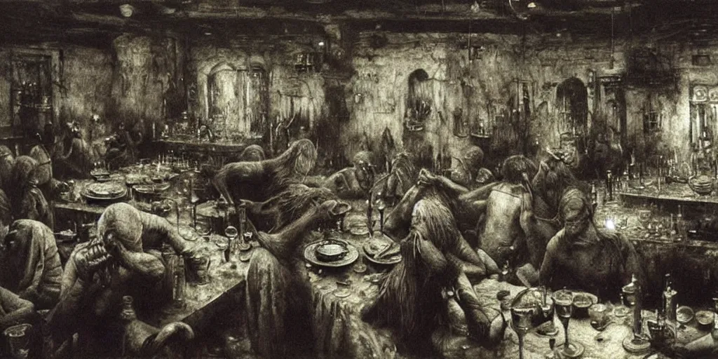 Prompt: busy tavern scene by Beksinski, Luis Royo