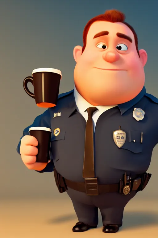 Prompt: portrait of a fat police officer holding a cup of coffee with the police car in background, full body. pixar disney 4 k 3 d render funny animation movie oscar winning trending on artstation and behance, ratatouille style