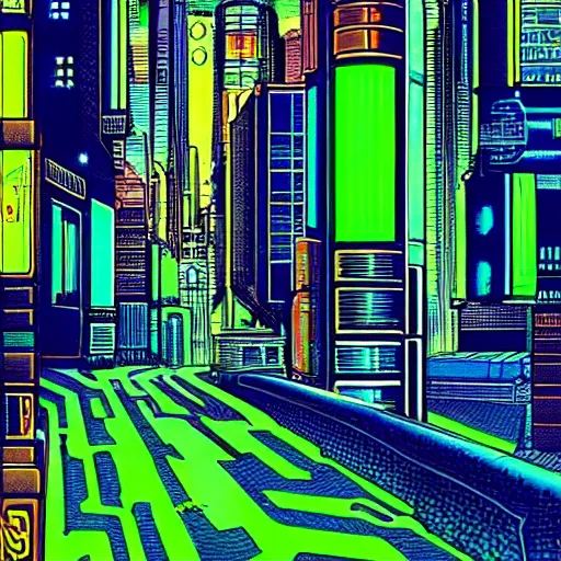 Image similar to neon cyberpunk city street in the style of Jean Giraud, Moebius