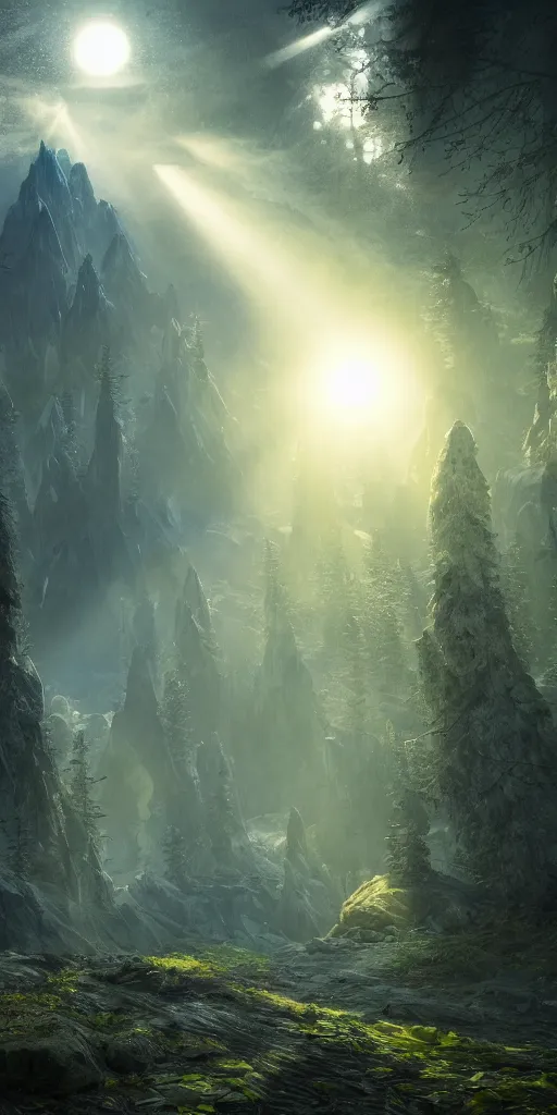 Image similar to a single tall mountain reaching towards space, an ecological gothic scene, witch runes in the deep forest, magical clearing, sunshafts, dramatic lighting, dust motes floating in the sunlight, 4 k concept art