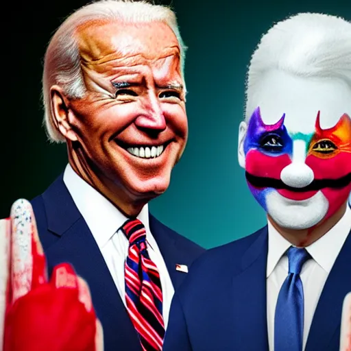 Image similar to Joe Biden with clown make-up all over his face inside a circus