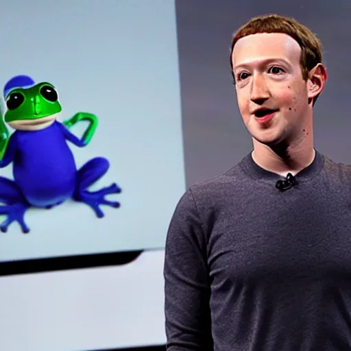 Image similar to mark zuckerberg introducing the Facebook Frog: a live frog