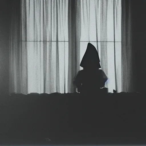 Image similar to creepy witch sitting in dark living room, horror movie still, realistic, found footage, atmospheric, evil, nightmare, film grain