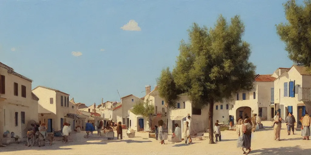 Image similar to a beautiful extremely complex painting of a mediterranean fishing village in summer by peter ilsted, whitewashed housed, tall cypress trees, blue shutters on windows, people walking down a street, trending and featured on artstation and behance