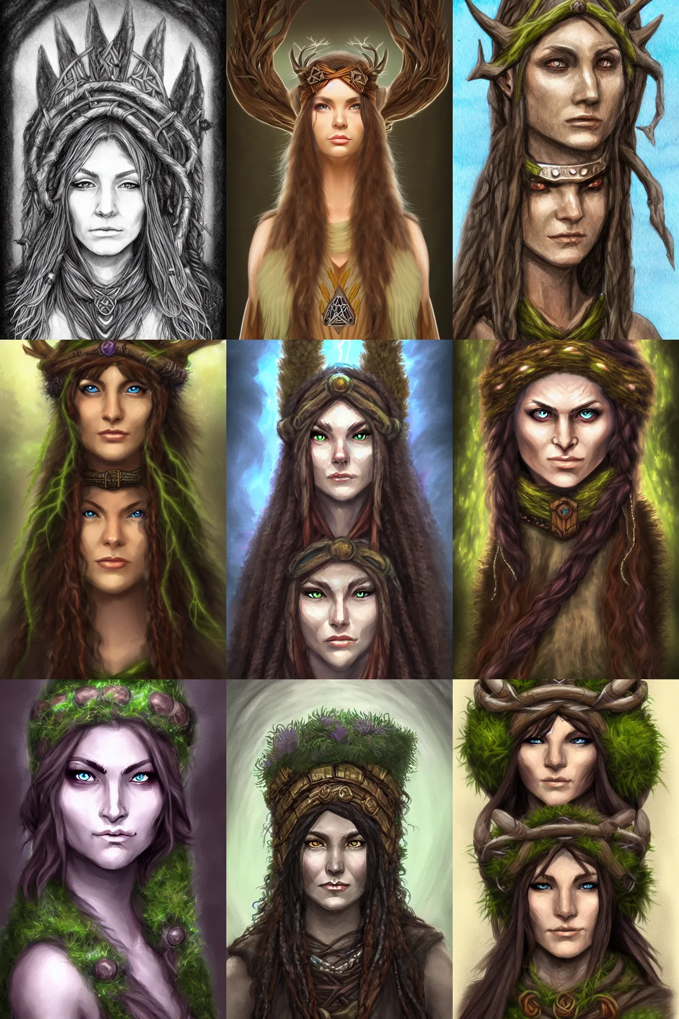 Prompt: head and shoulders portrait of a druid, female, high fantasy, dnd