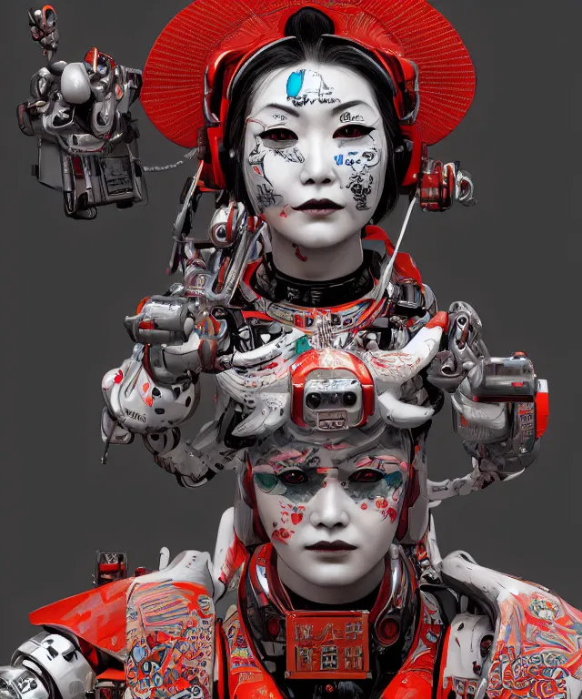 Image similar to an epic fantastic realism comic book style portrait painting of a japanese robotic geisha with kanji tattoos and decals, apex legends, octane render, intricate detail, 4 k hd, unreal engine 5