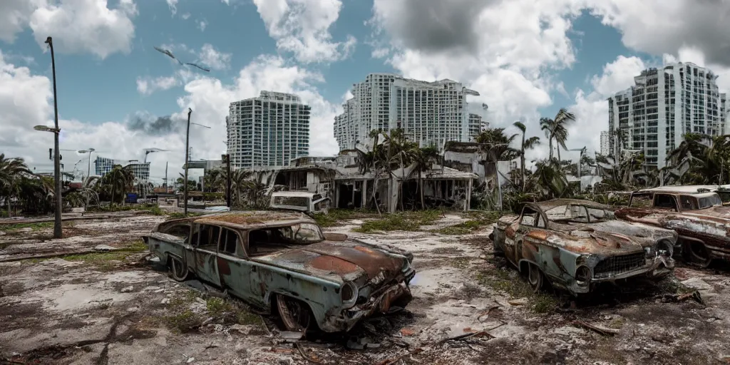 Image similar to wide angle shot of dilapidated fallout 5 miami, tropical coastal city in real life, desolate, dilapidated, some rusted retro futuristic vintage parked vehicles like cars, buses, trucks, trams, sunny weather, few clouds, volumetric lighting, photorealistic, daytime, spring, sharp focus, ultra detailed,