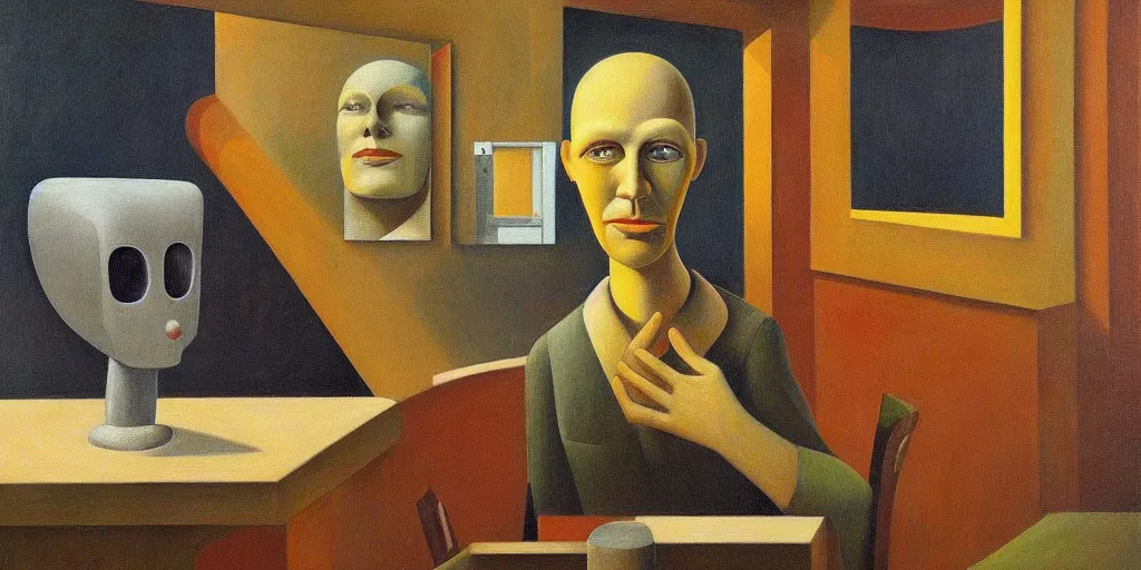 Image similar to super - intelligent robot with kind eyes portrait, grant wood, pj crook, edward hopper, oil on canvas