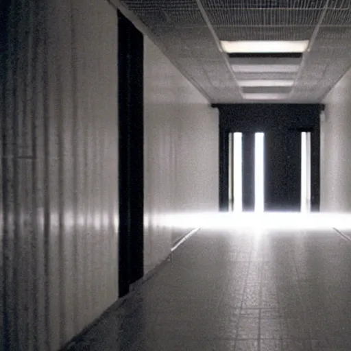 Image similar to dolly zoom stretch shot of a impossibly long hallway, moody lighting, smoke effects, strobe lights, particle effects, atmospheric - h 6 4 0