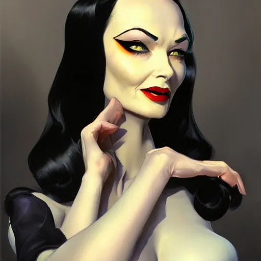 Image similar to greg manchess portrait painting of morticia from addams family as overwatch character, medium shot, asymmetrical, profile picture, organic painting, sunny day, matte painting, bold shapes, hard edges, street art, trending on artstation, by huang guangjian and gil elvgren and brom