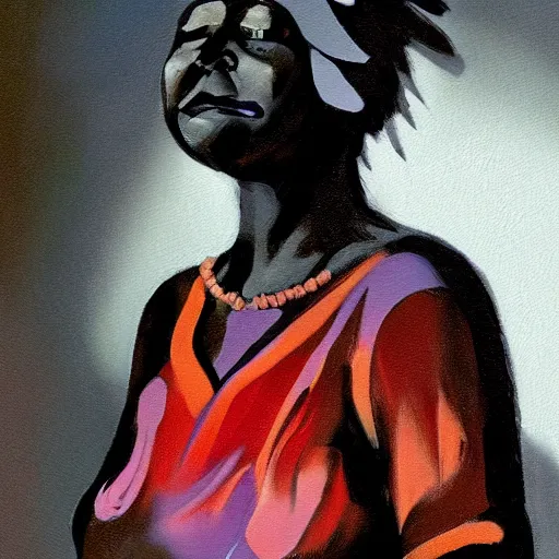 Image similar to a painting of a lantina elder woman by Kara Walker . details, smooth, sharp focus, illustration, realistic, cinematic, artstation, award winning, rgb , unreal engine, octane render, cinematic light, macro, depth of field, blur, red light and clouds from the back, highly detailed epic cinematic concept art CG render made in Maya, Blender and Photoshop, octane render, excellent composition, dynamic dramatic cinematic lighting, aesthetic, very inspirational, arthouse.