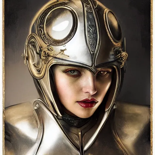 Image similar to tom bagshaw, curiosities carnival metal cables, photorealistic medium shot soft paint of a single beautiful female full long futuristic metallic armor ornate helmet, face, accurate features, focus, very intricate ultrafine details, award winning masterpiece