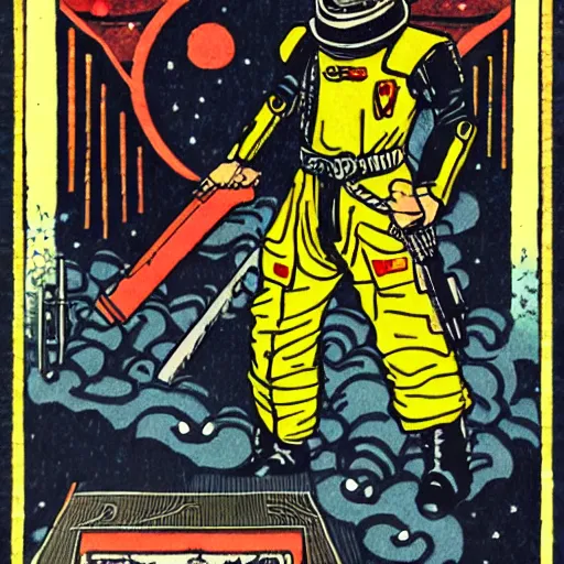 Image similar to imperial japan space marines, tarot card style, pulp noir illustration