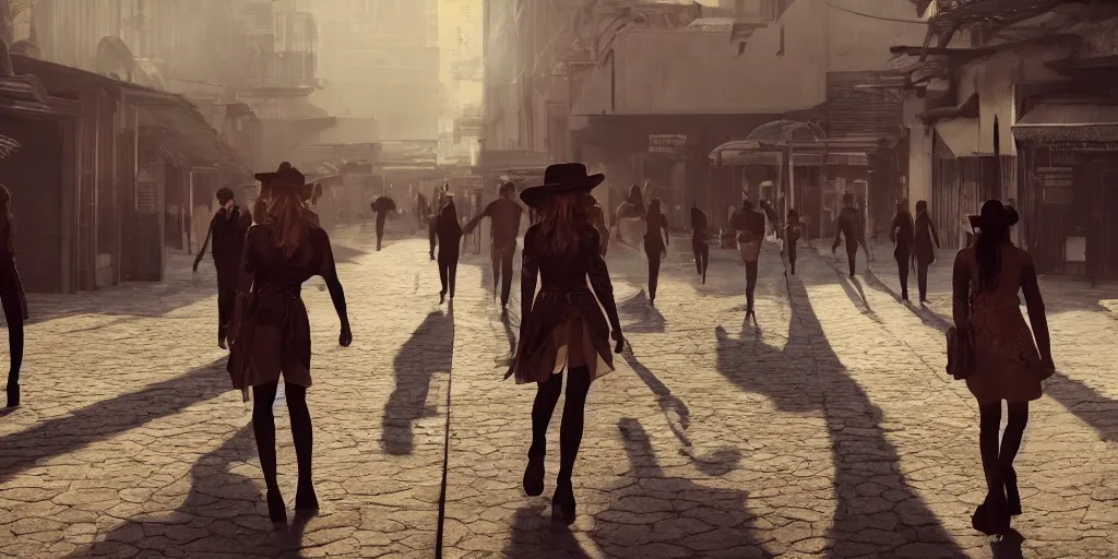 Prompt: fashion catwalk walkway in a wild west town, concept art, rendering, beautiful composition, cinematic lighting, atmospheric, smooth gradients, octane, redshift, 8 k