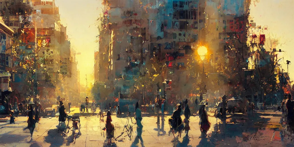 Image similar to street scene, summer time, sunlight, bright colorful, painting by jeremy mann