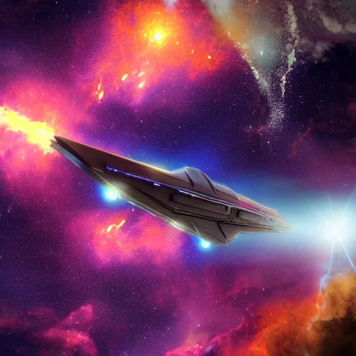 Image similar to a space freighter breaking up in a nebula, spaceship, damage, scifi, concept art, science fiction
