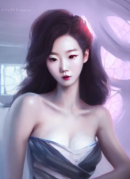 Image similar to beautiful korean fashion goddness, strapless dress, character portrait in the style of thomas river and artgerm, wlop, cinematic lighting, hyperdetailed, 8 k realistic, symmetrical, global illumination, radiant light, halo, love and mercy, frostbite 3 engine, cryengine, dof, trending on artstation, digital art, chanel