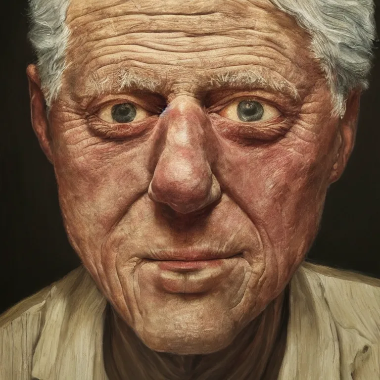 Prompt: hyperrealistic close up studio portrait of aging old Bill Clinton age 85 wrinkled weeping, oil painting by Ivan Albright and Lucian Freud and Ron Mueck, trending on artstation Studio lighting hyperrealism