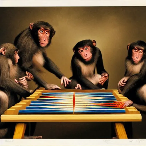 Image similar to A beautiful print of a group of monkeys playing backgammon. The monkeys are seated around a table, with some of them appearing to be deep in concentration while others appear to be playing more casually. by Simon Bisley, by Gabriel Dawe desaturated