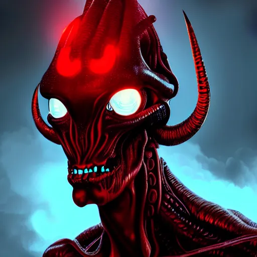 Prompt: portrait of realistic alien with horns. red eyes, human eyes, background flames, sci - fi, tech wear, volumetric lighting, intricate, elegant, highly detailed, digital painting, artstation, concept art, film noir - h 7 0 4