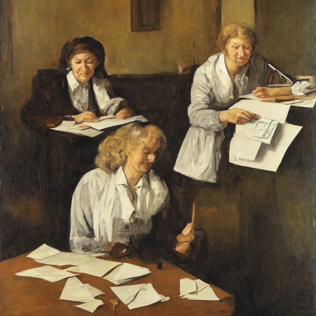 Prompt: a woman at a desk opening a letter, portrait, oil on canvas, warm, happy