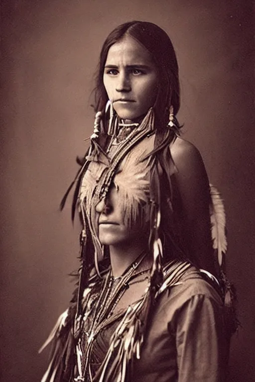 Image similar to “Photo of Native American indian woman Emma Watson, portrait, skilled warrior of the Chiricahua Apache, Lozen was the sister of Victorio a prominent Chief, showing pain and sadness on her face, ancient, realistic, detailed, emma watson”