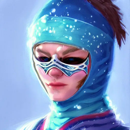 Image similar to snow bandit from ‘ icewind dale ’ with a bright blue gem mask, ‘ icewind dale 2 ’ profile portrait by ‘ justin sweet ’, falling snow, soft focus, illustration, oil paint, artstation