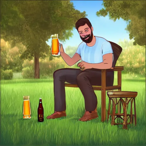 Prompt: man enjoying a beer in his back yard during the summer after a 1 3 hour day at work, digital art