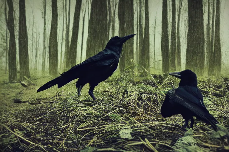 Image similar to !!!!!! human mixed with a crow, photograph captured in a dark forest