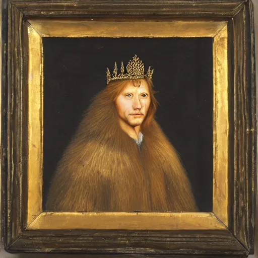Prompt: a renaissance style portrait of a wild lion wearing a crown and a cape, dark background
