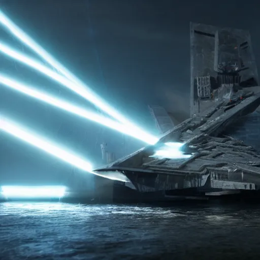 Image similar to a star destroyer being pulled in half by an evil yoda covered in force lightning, cinematic lighting, ultra realistic, 8 k,