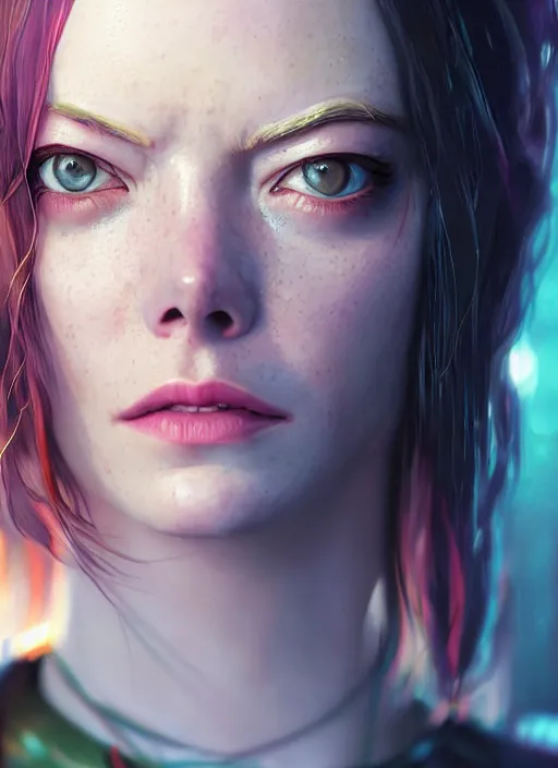 Image similar to Cyberpunk portrait of Emma Stone, au naturel, hyper detailed, digital art, trending in artstation, cinematic lighting, studio quality, smooth render, unreal engine 5 rendered, octane rendered, art style by klimt and nixeu and ian sprigger and wlop and krenz cushart