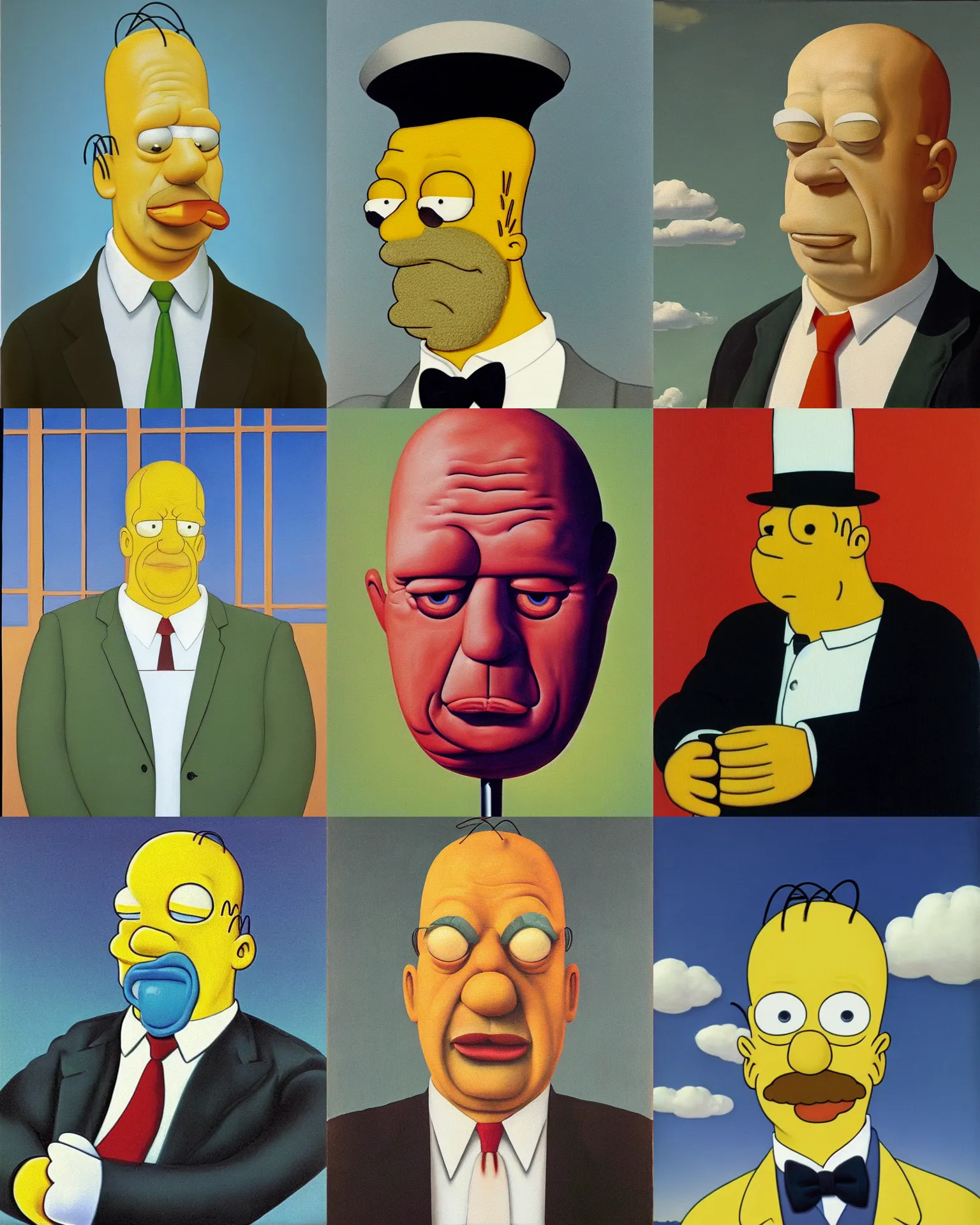 Prompt: Real-life Homer Simpson, painted by by René Magritte