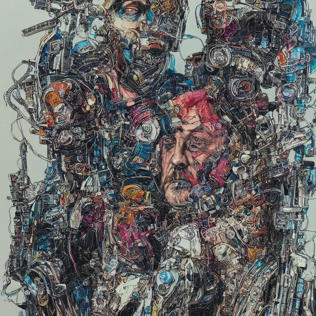 Image similar to A dramatic full-color cyberpunk art nouveau styled bust portrait of lemmy kilmister as a futuristic space punk rebel, hyperdetailed mixed media artwork combining the styles of Travis Charest, Michael Whelan, Bill Sienkiewicz, Duncan Fegredo, Simon Bisley, fineliner illustration, pen and ink drawing, vast power, stoicism, pessimism, confident shaded eyes, tarnished and rusted metal, wrought iron architecture, perfectly symmetrical facial features, 8k, deeply hyperdetailed, cinematic lighting, realistic mechanical details, 8k, UHD, HDR