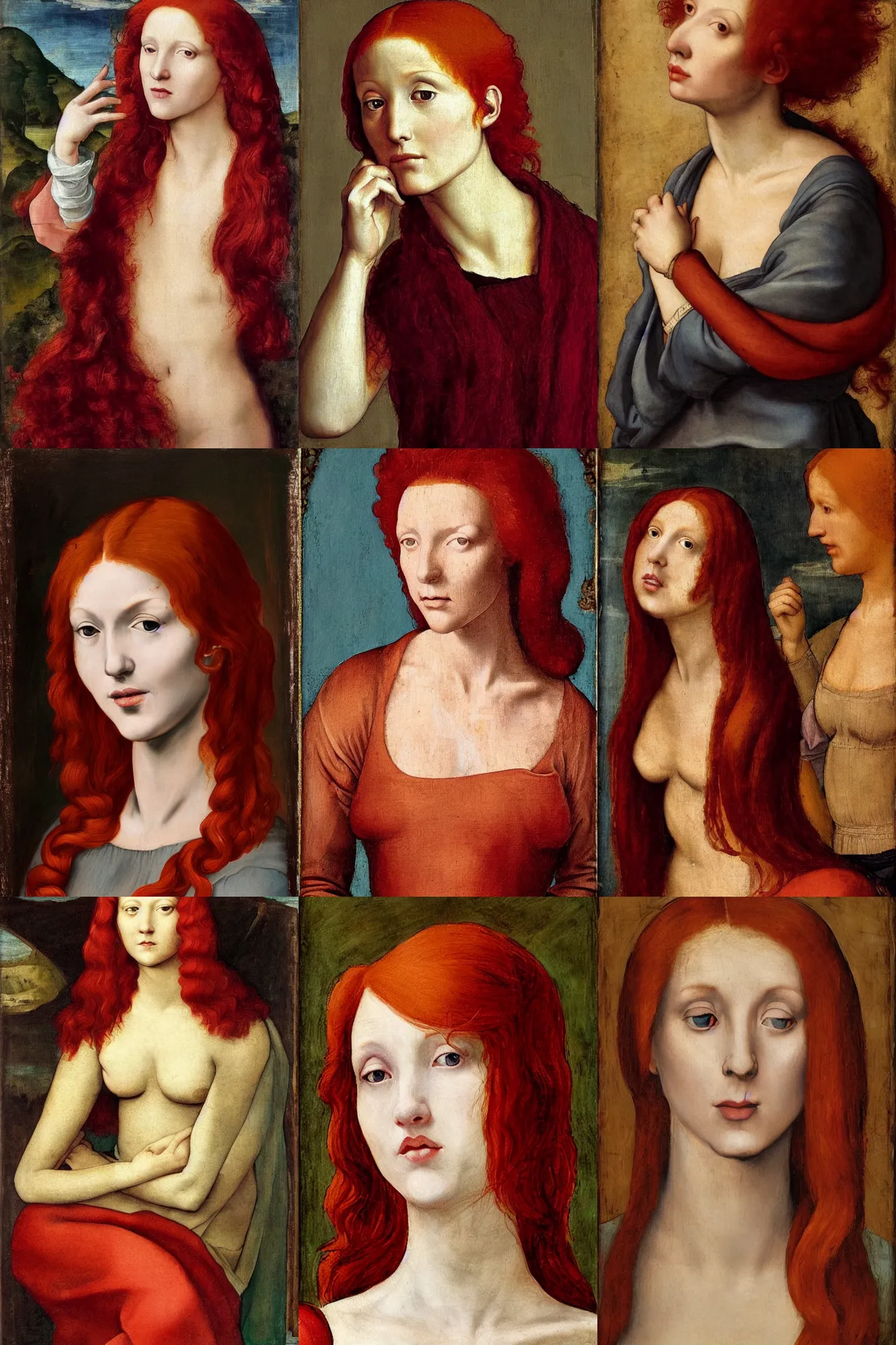 Prompt: Woman with red hair, renaissance painting