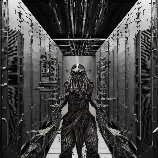 Prompt: bearded corps by rutkowsky and giger in opened rack, servers in data center, concept art, digital art, masterpiece