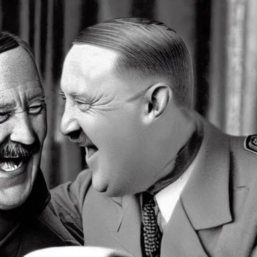 Prompt: “ very photorealistic photo of hitler and joe biden laughing together, award - winning details ”