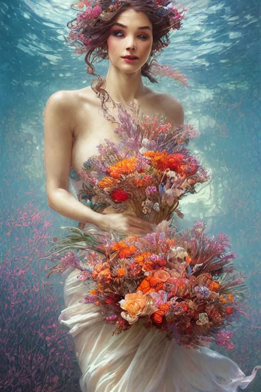 Image similar to portrait of a beautiful mysterious woman holding a bouquet of flowing flowers, hands hidden under the bouquet, submerged underwater filled with coral reef, fantasy, regal, intricate, by stanley artgerm lau, greg rutkowski, thomas kindkade, alphonse mucha, loish, norman rockwell