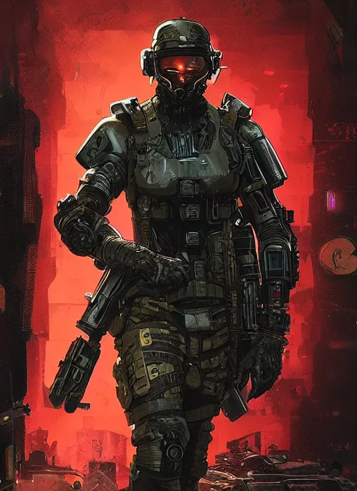 Image similar to cyberpunk blackops soldier. bomb suit. juggernaut. night vision. portrait by ashley wood and alphonse mucha and laurie greasley and josan gonzalez and james gurney. spliner cell, apex legends, rb 6 s, hl 2, d & d, cyberpunk 2 0 7 7. realistic face. dystopian setting.