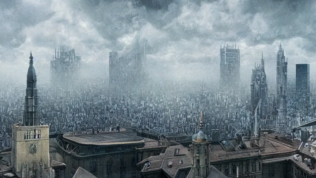 Image similar to the roof of city hall opens up, film still from the movie directed by christopher nolan and david cronenberg with art direction by zdzisław beksinski and dr. seuss