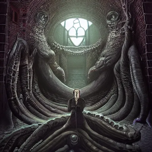 Image similar to lovecraft demons in cybernetic dreams of a young girl, escher, award winning, 8 k photorealistic, cinematic, highly detailed