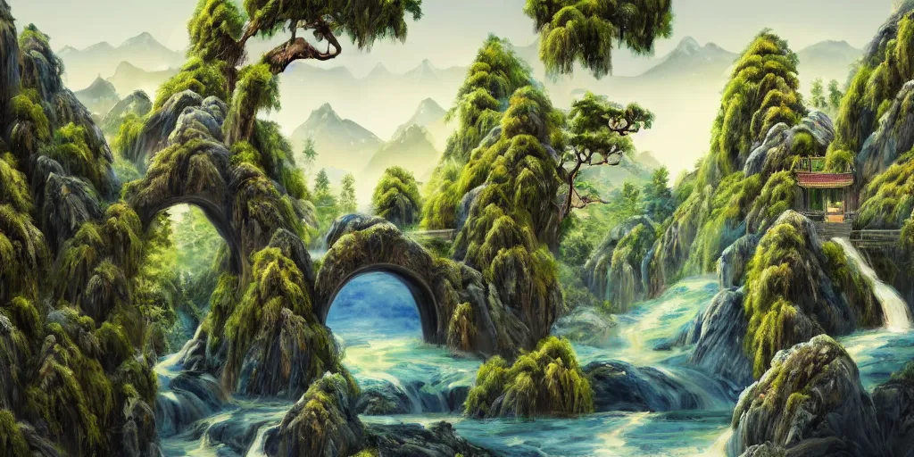 Image similar to Ancient chinese background on mountain with waterfalls, willow trees, arch bridges. Blue and cool background. Realistic paint, specular light, high contrast, highly detailed, 4k, shallow depth of field, cinematic light, concept art, artstation