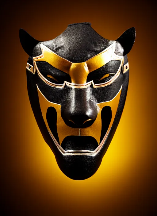 Prompt: samurai tiger mask, product photography, deep black background, fantasy, highly detailed, shimmering, wlop, concept art, digital art, symmetrical features, golden-ratio, canvas, Wangechi Mutu, artstation, rule of thirds