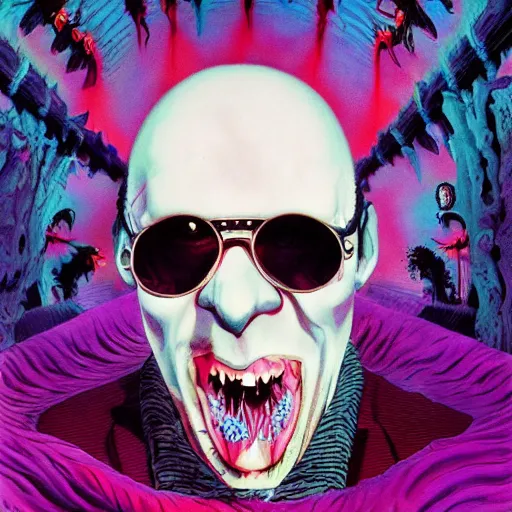 Image similar to Fear and Loathing Vampire in Wonderland, a psychedelic horror fantasy portrait by Wayne Barlowe and Beeple, vivid color, album cover,