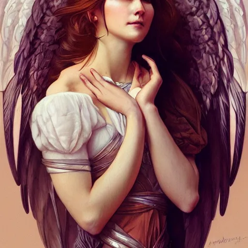 Image similar to portrait of angel wings highly detailed, digital painting, artstation, concept art, smooth, sharp focus, illustration, art by artgerm and greg rutkowski and alphonse mucha