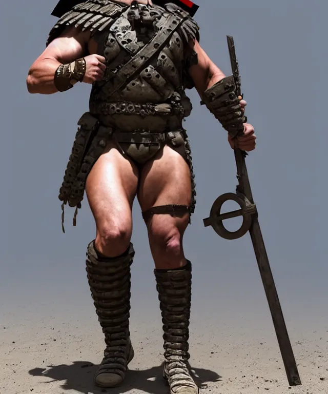 Image similar to muscular roman soldier with a white cross in the chest by simon bisley, dale keown and greg rutkowski, full body armor! vivid color scheme, unreal engine 5