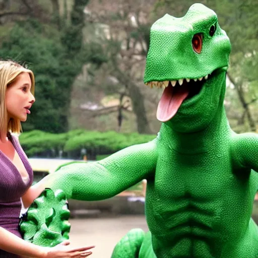 Prompt: The one where Ross leaves Rachel and gets out with a big green dinosaur in Central Park